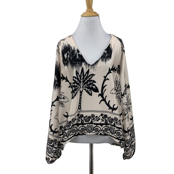 Venti6 Blouse Womens M Champagne Black Floral Wide Sleeve V Neck High Low Top - Picture 1 of 11